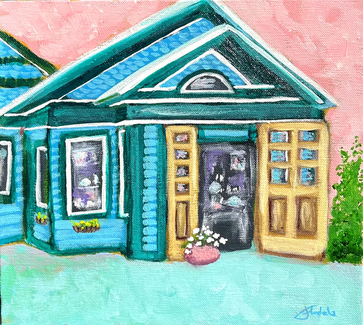 The Blue Cottage — original artwork by Florbela Nienaber